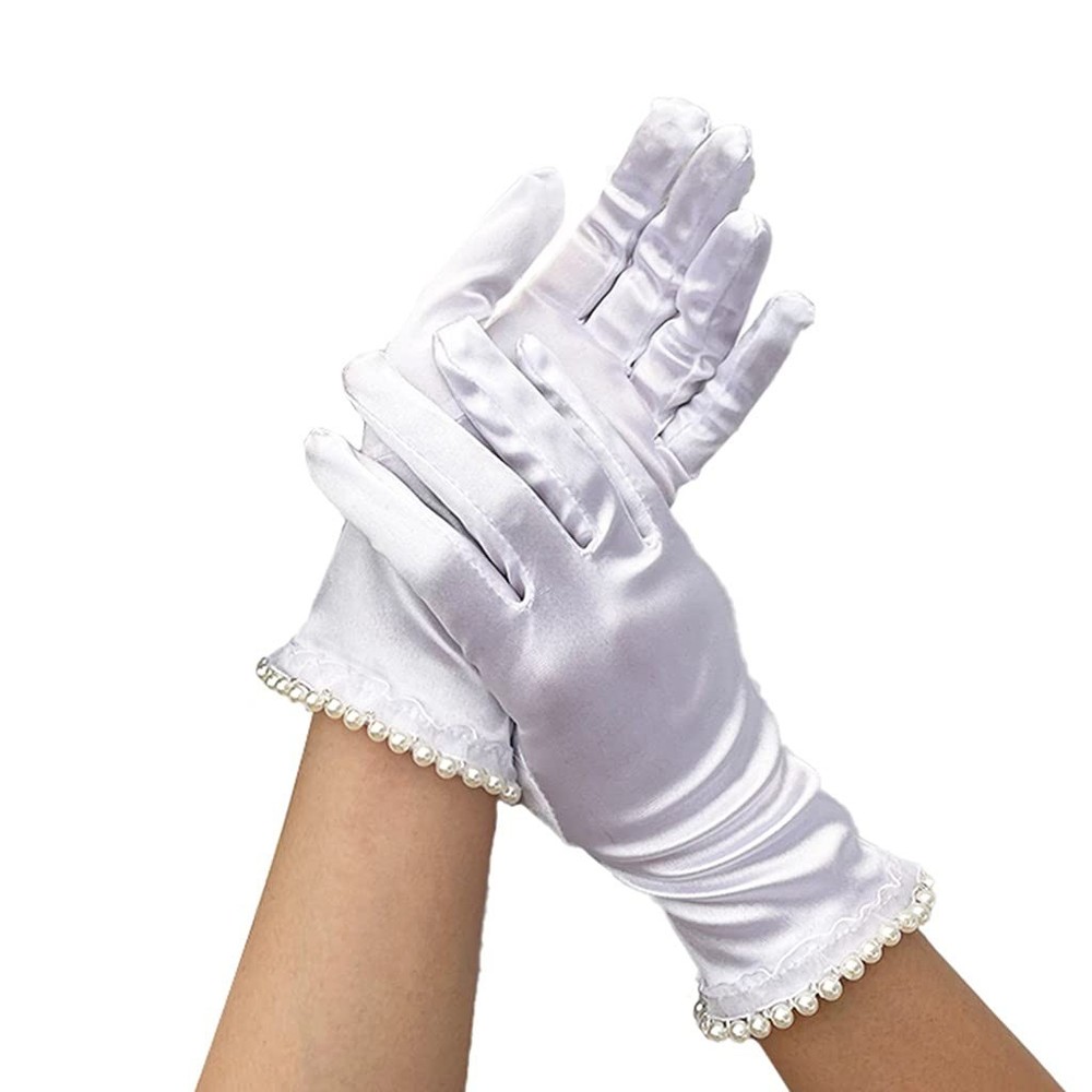 Vintage Short Satin Wedding Gloves for Bride Pearl Full Finger Wrist Length B…