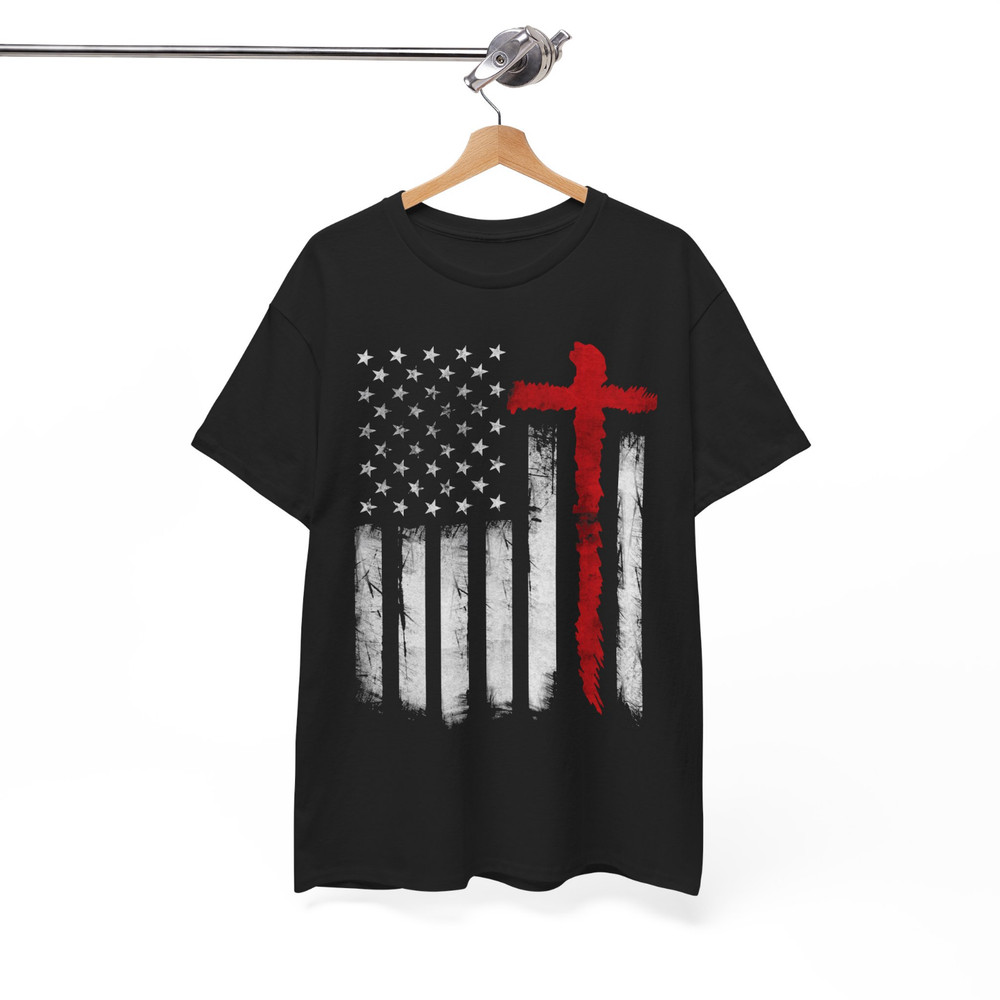 Christian Cross American Flag T-Shirt USA Patriotic 4th Of July Graphic Tee 2026