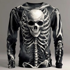 2025 Halloween Skeleton Print Long Sleeve T-Shirt Men Gothic Casual Top NEW!