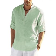 Men’s Cotton Linen Henley Long Sleeve Shirt Casual Beach T-shirt Tee Summer Gift