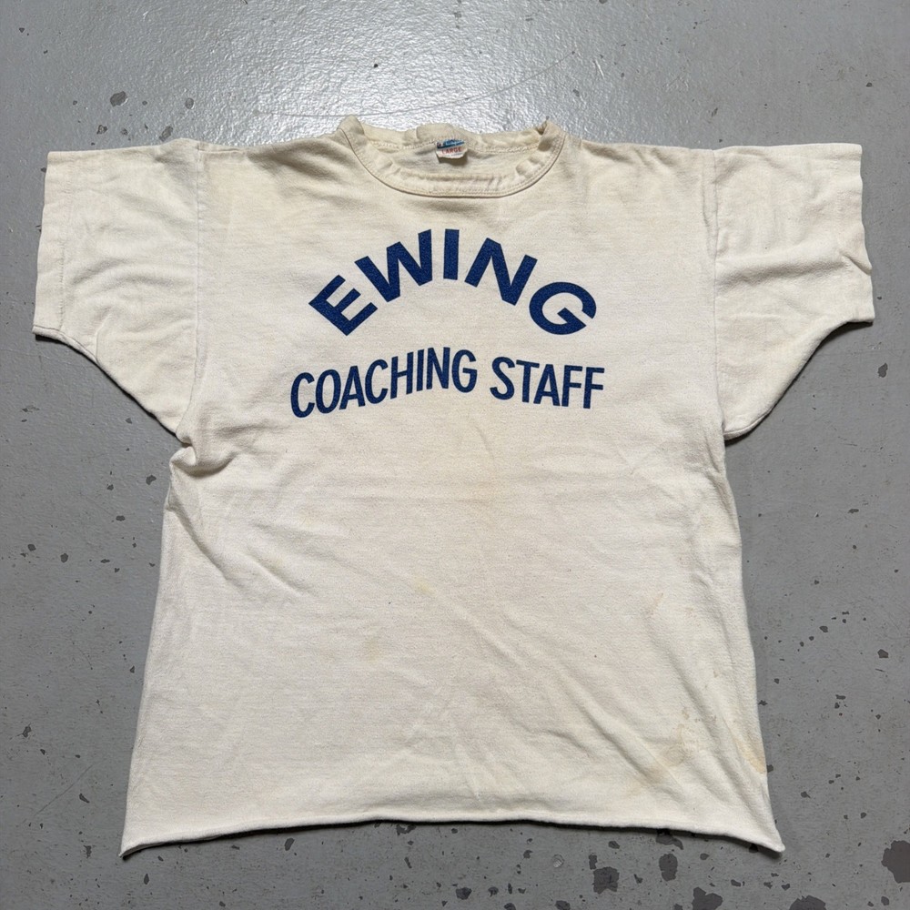 Vintage 1970s Champion Blue Bar Thick Cotton T-Shirt Made USA Cropped L (S-M)