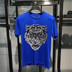 New Fashion Hot Drill Tiger Rhinestones Trend Cotton Summer Luxury Men T-Shirt