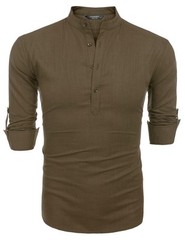 Men’s Cotton Hemp Long Sleeve Casual Beach Henley Shirt(BROWN,XL)