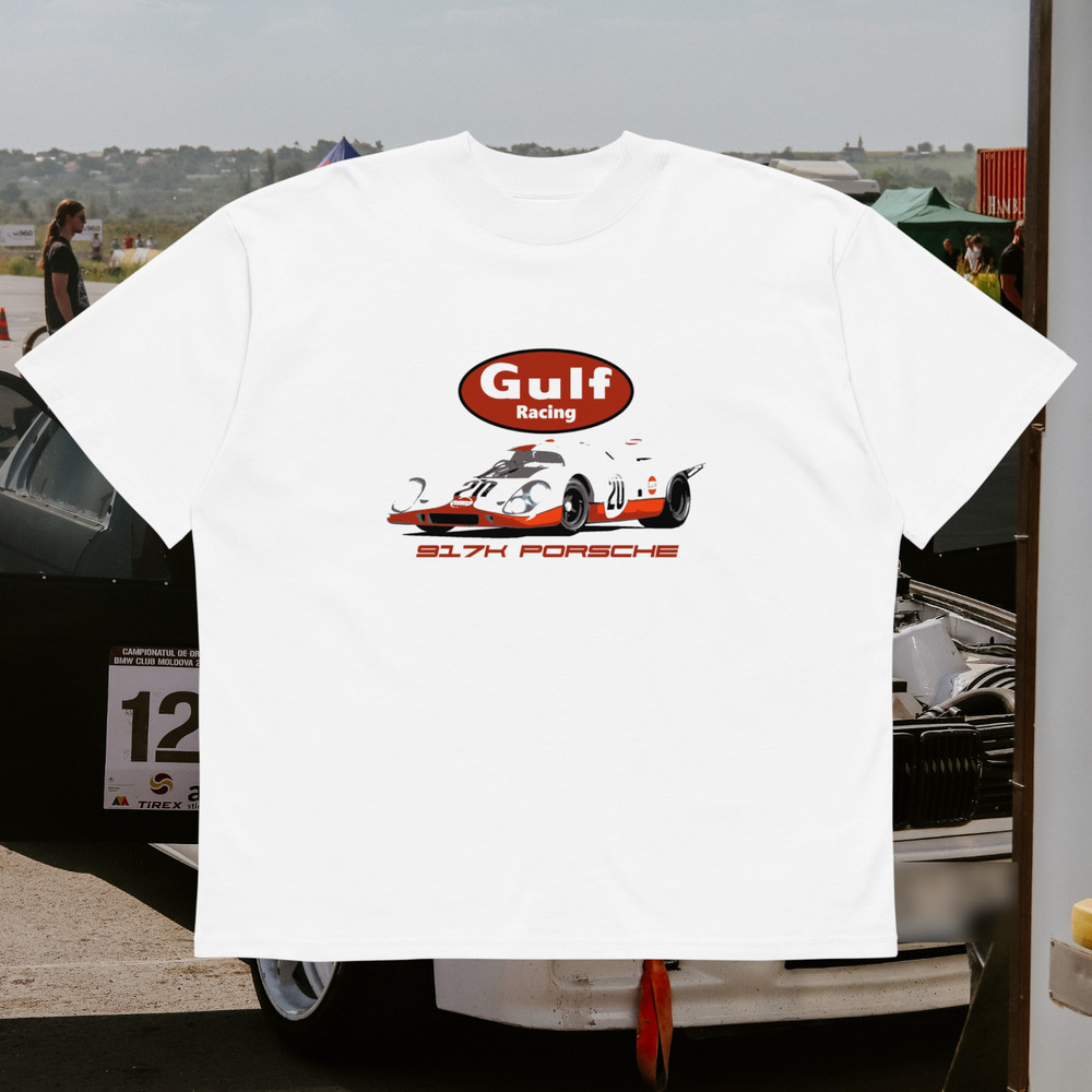 Vintage 90s Gulf Racing Porsche 956 T-Shirt White Oversized Sports Car Cotton