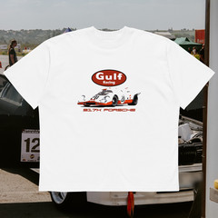 Vintage 90s Gulf Racing Porsche 956 T-Shirt White Oversized Sports Car Cotton