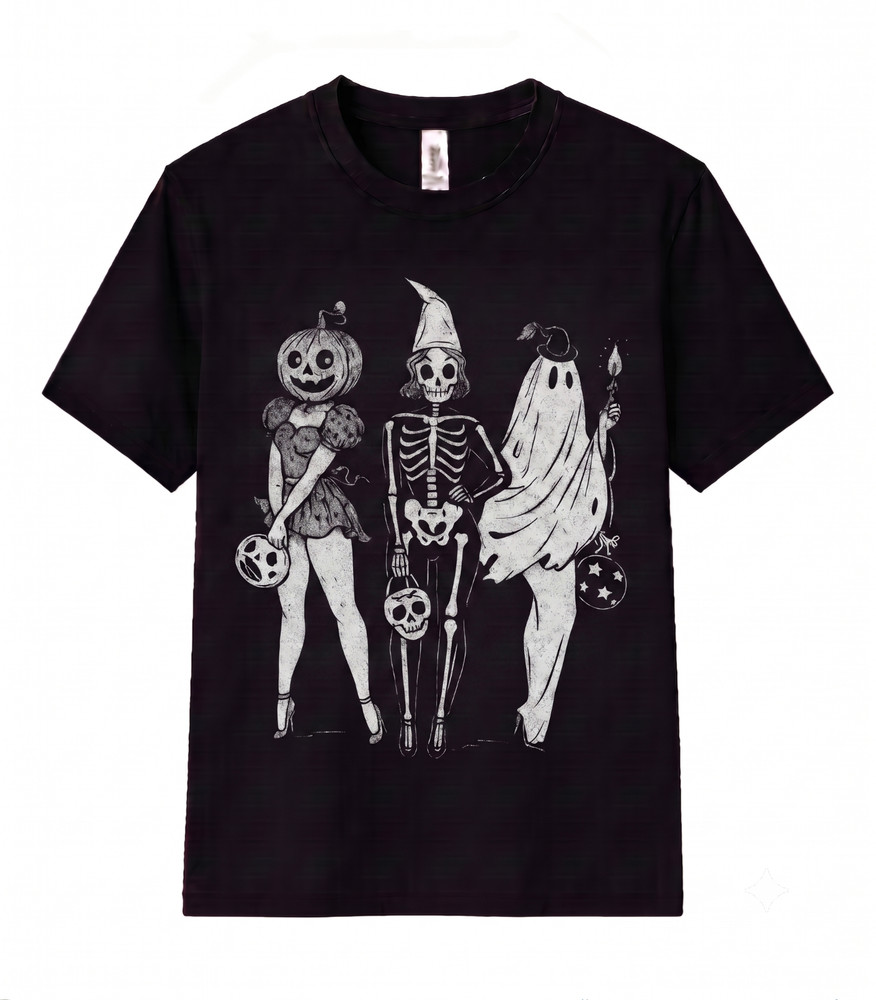 Halloween Spooky Girl Squad T Shirt Vintage Skeleton Ghost Pumpkin Retro Fall
