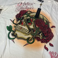 New Red Foil Christian Audigier Rose Skull Shirt XXL