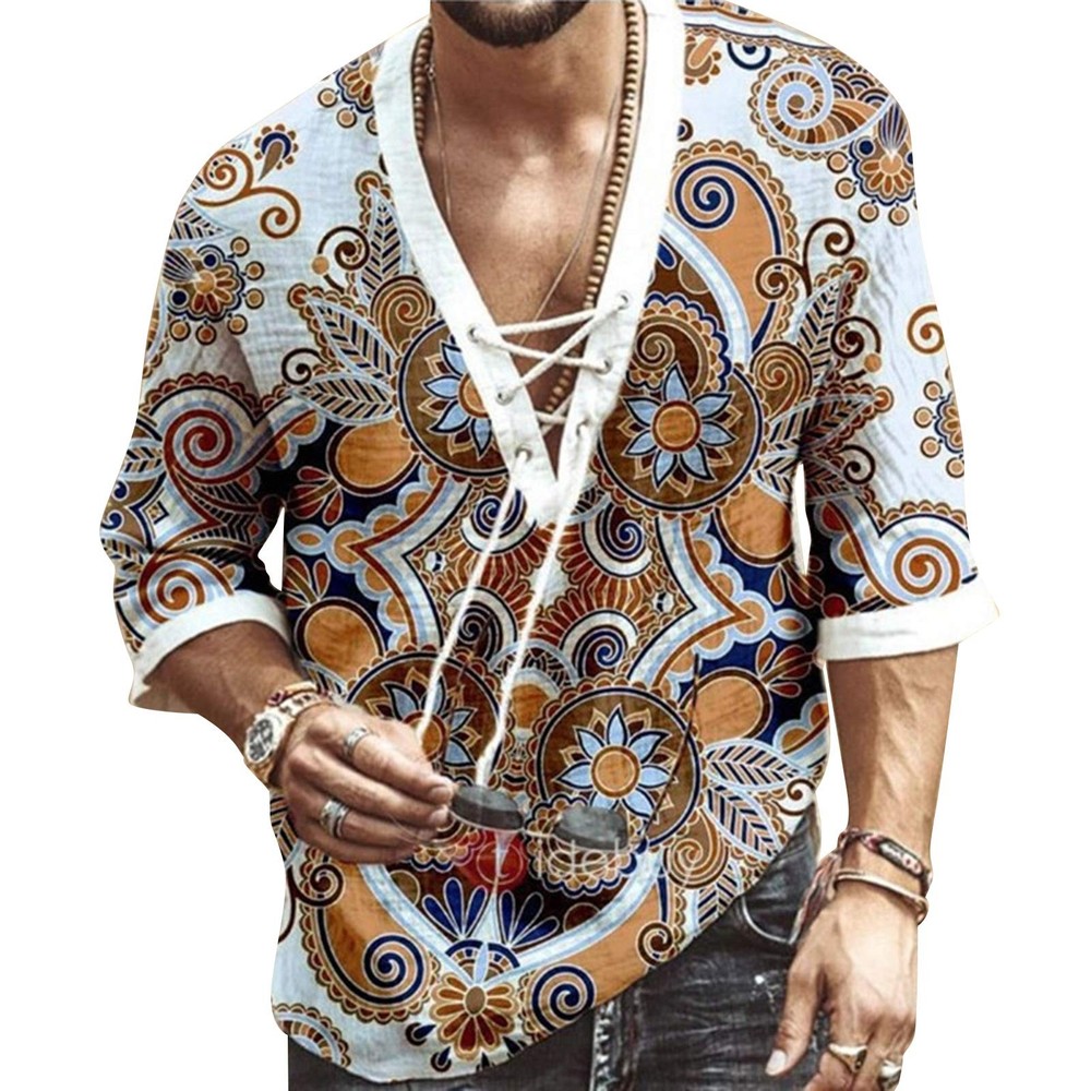 Men’s Fashion Shirt Short Sleeve Beach V-Neck Drawstring Printing Yoga Africa…
