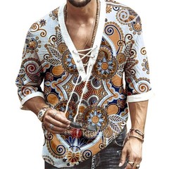 Men’s Fashion Shirt Short Sleeve Beach V-Neck Drawstring Printing Yoga Africa…