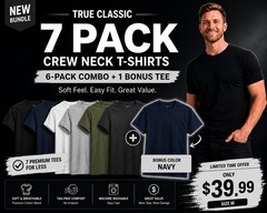 🔥 True Classic 7-Pack Crew Neck T-Shirts | Size M | + Bonus Navy Tee