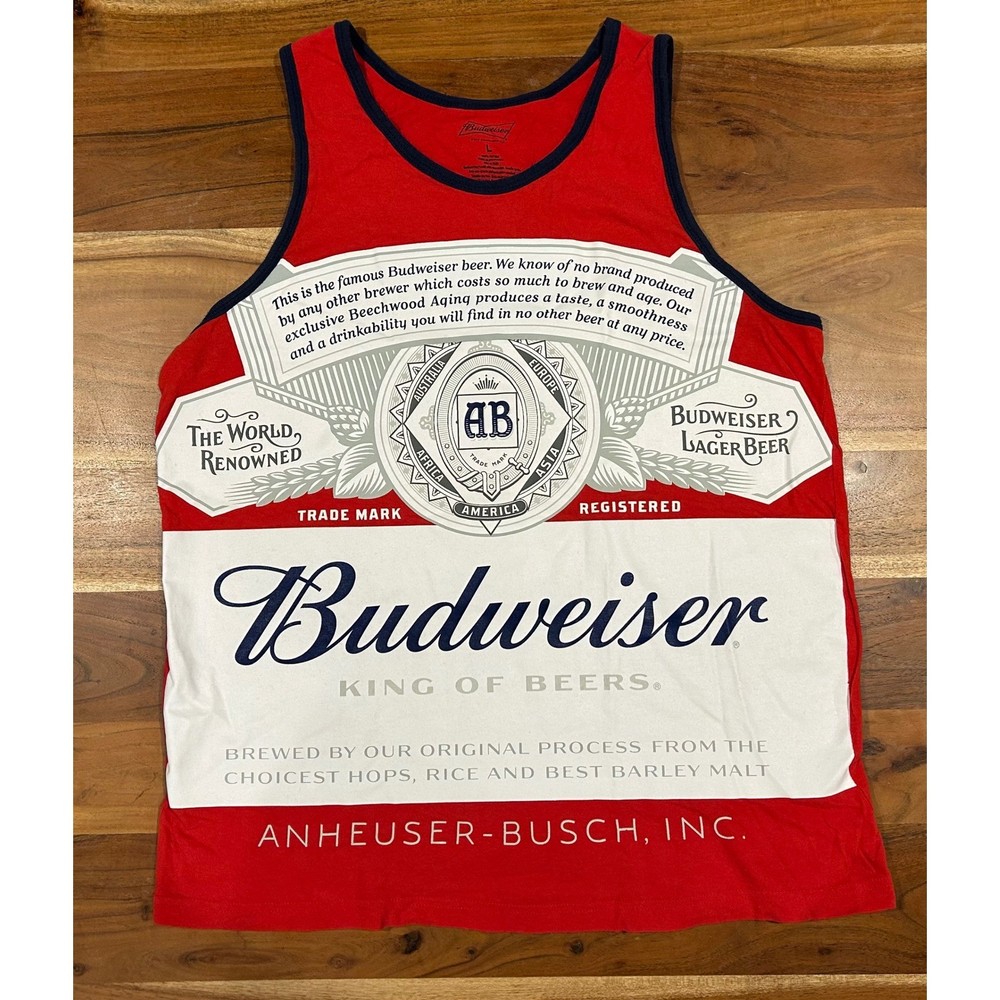 Budweiser King of Beers Graphic Tank Top Mens Large Red Label Logo Cotton Shirt