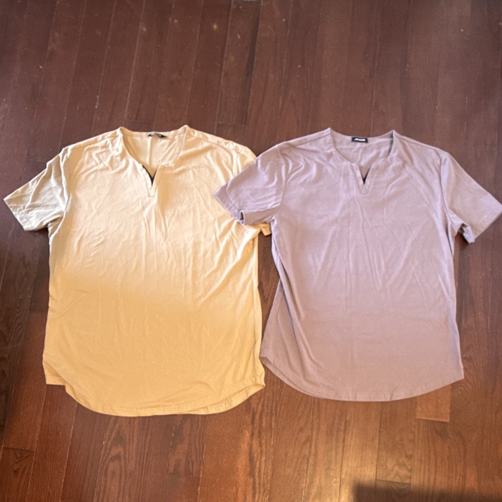 JMIERR Men’s V-Neck Short Sleeve Solid T-Shirt Lot 2 Beige Purple Size L