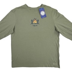 Life Is Good Crusher Log On Camp Fire Shirt Men Large Green Cotton Camping NEW