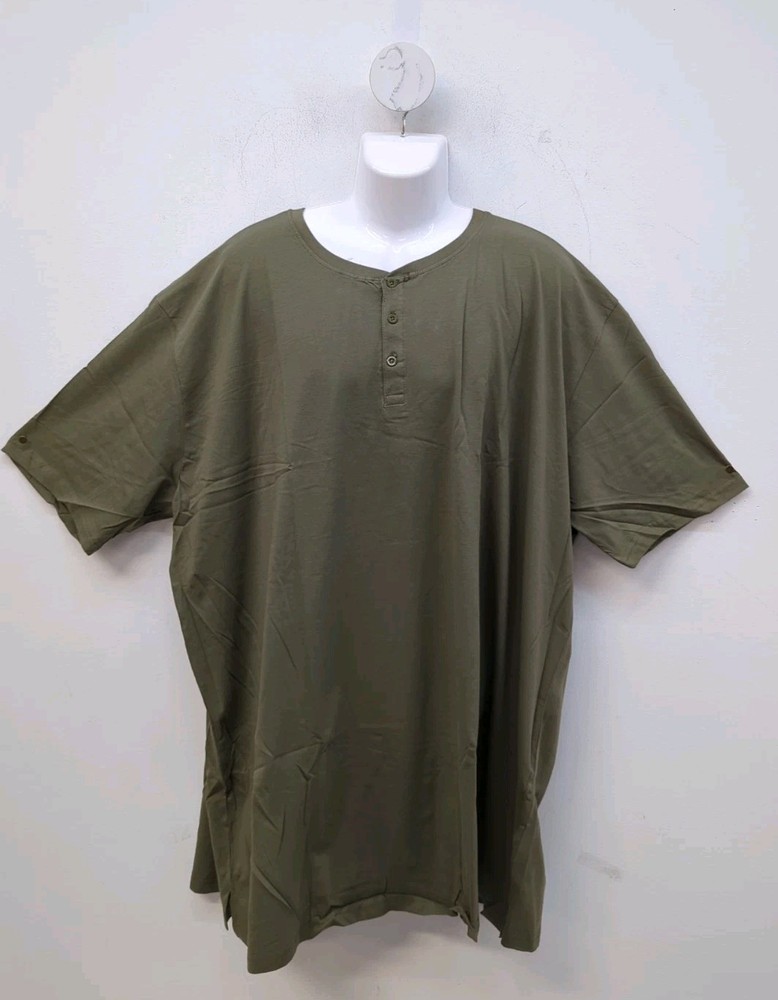 Bigdude Short Sleeve Henley Neckline Grandad Collar Mens Cotton TShirt 5XL Olive