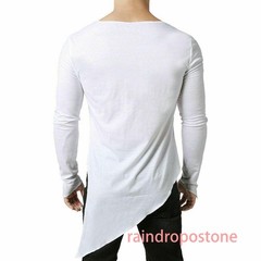 Men Asymmetrical Long Sleeve T Shirt Black White Irregular Hem Gothic Top
