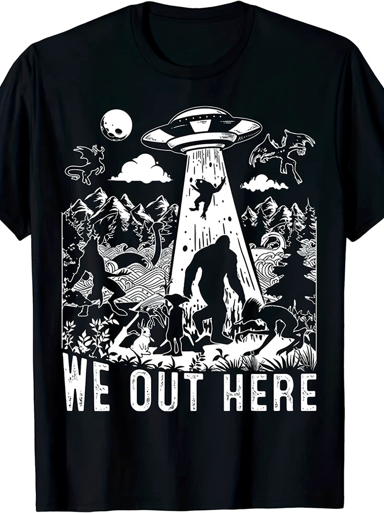 “We Out Here” Cryptid UFO T-Shirt – Funny Bigfoot Alien Graphic Tee