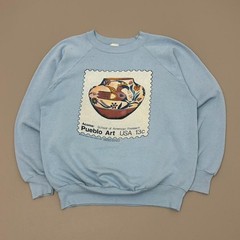 Vintage 90s Pueblo Art School Sweatshirt Blue Raglan Polycotton Painting Size L
