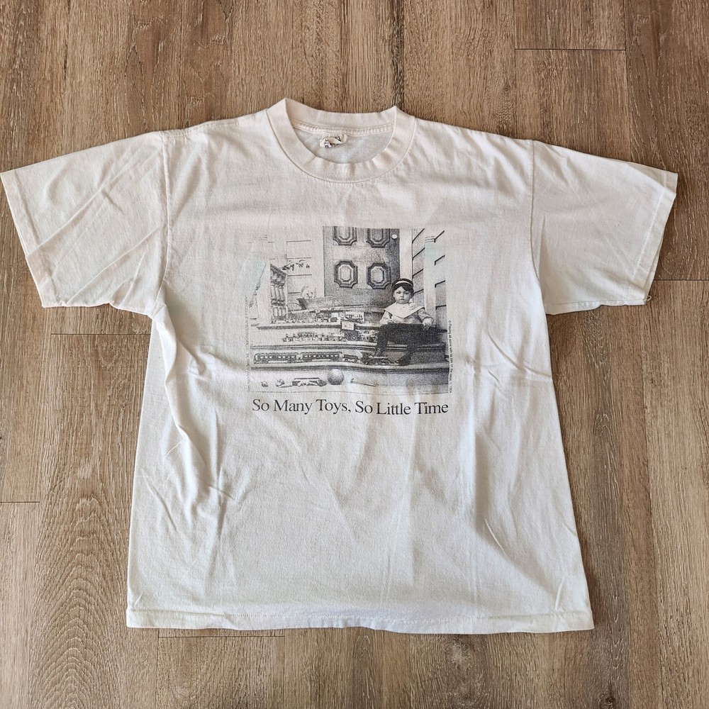 Vintage 90s So Many Toys So Little Time Tshirt Size L Cream White