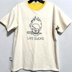 Reversible Graphic T-Shirt | “Whatever” Yellow “Life Sucks” Skull Cream Large