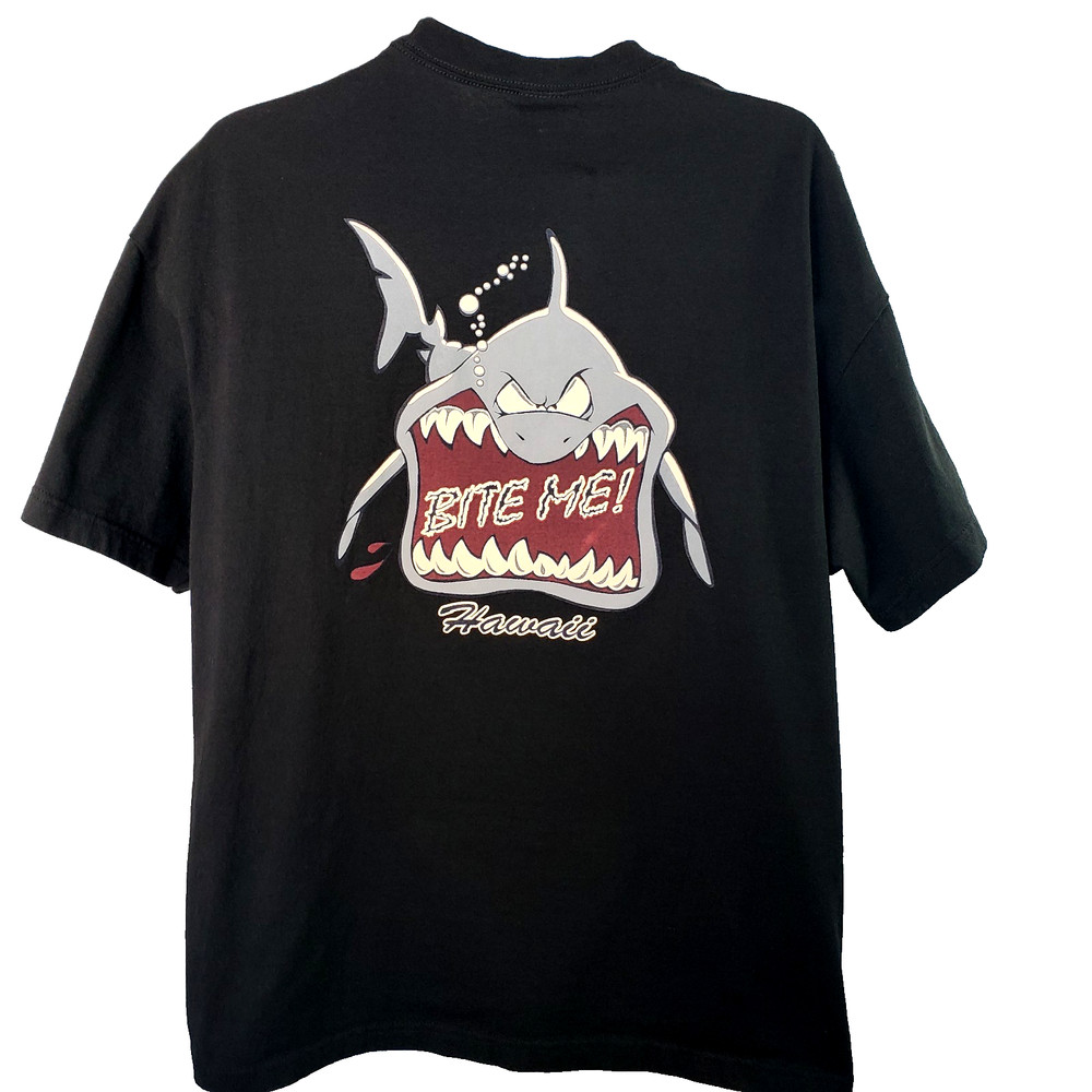 Hawaii Bite Me Shark Graphic T-Shirt Mens 2XL Black Short Sleeve Cotton