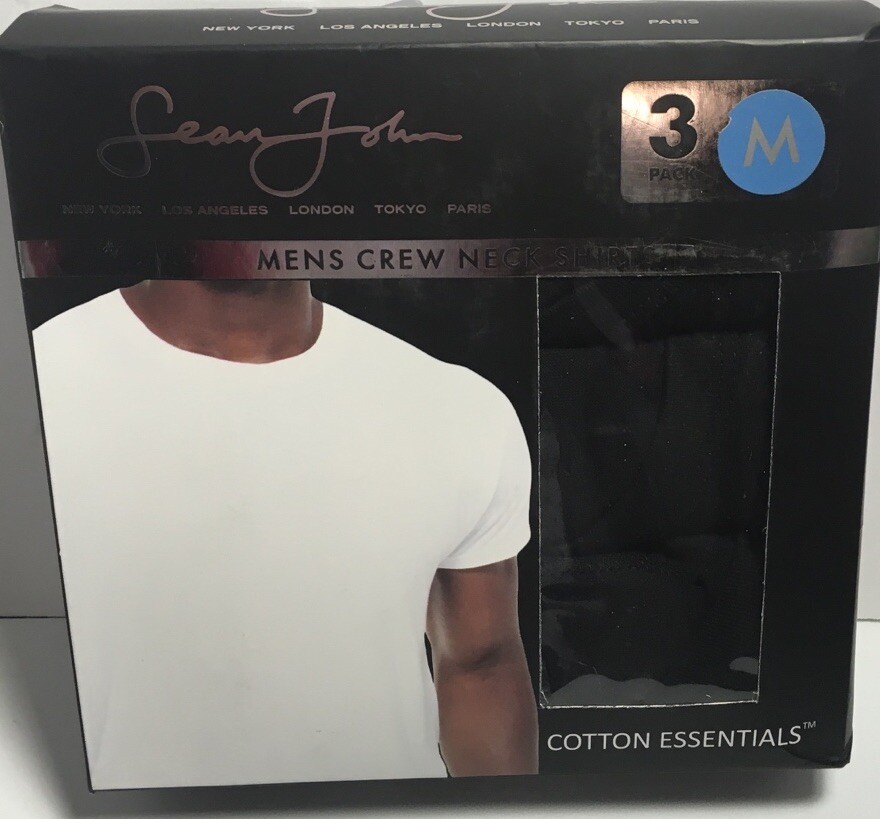 SEAN JOHN 3 Pack MENS CREW NECK T-SHIRTS BLACK Cotton Essentials Sz M NWT