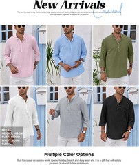 Men’s Casual Linen Cotton 3/4 Sleeve Henley T-Shirt – Lightweight Summer Top