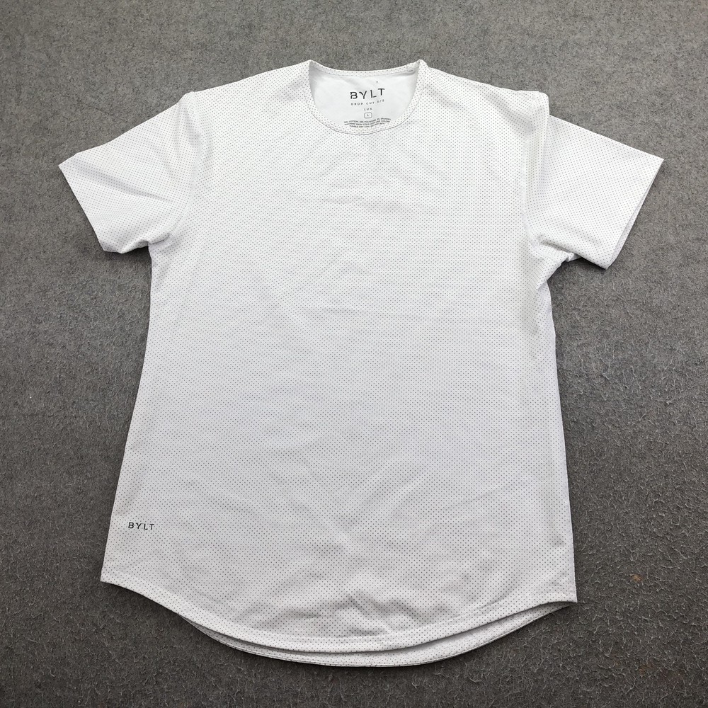 BYLT Shirt Mens Large White Drop Cut Lux Polka Dot Stretch Crew Neck Tagless Tee