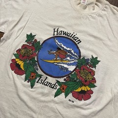 Vtg 70s Hawaiian Island Bob Akers Poly Tees beach surf cream Single Stitch Sz XL