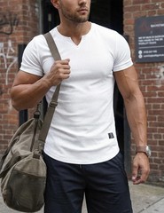 Mens V-Neck Muscle Slim Henley Shirt Workout Gym Athletic Shirt Summer Fashio…