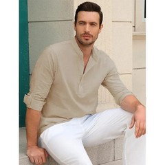 Men’s Shirts Henry Collar Soft Casual Spring Clothes Solid Color Long Sleeves Co