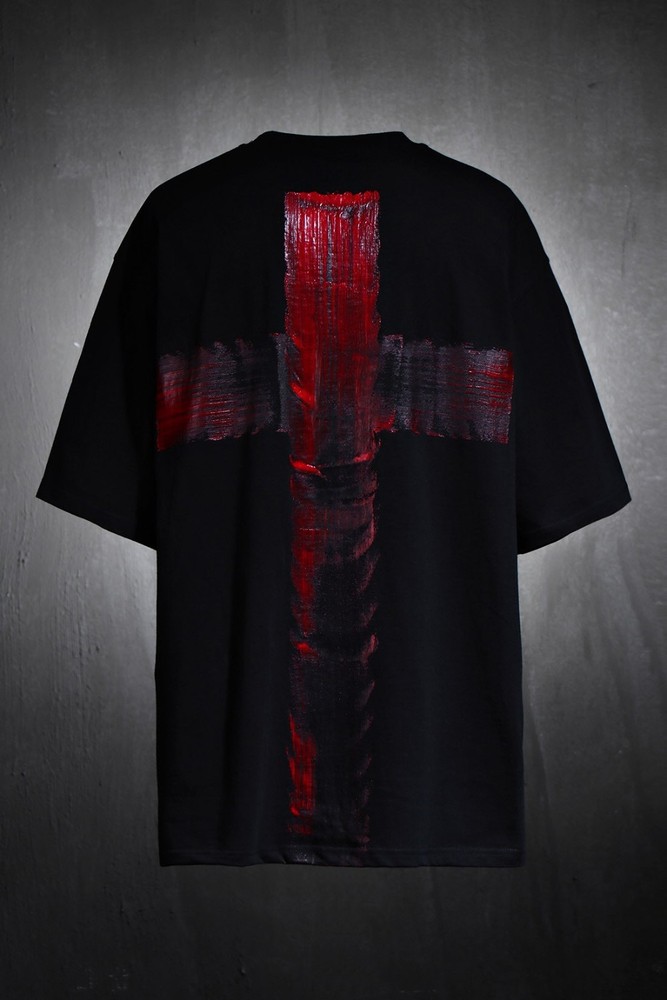 ByTheR ProjectR Mens Black White Cross Hand Painted Graphic T-Shirt Loose Fit