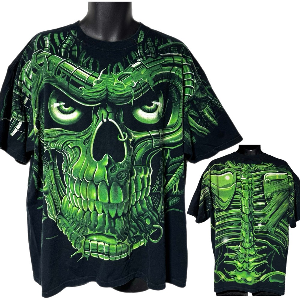 Vintage 1998 Liquid Blue Terminator Skull Glow Dark AOP Tee Shirt 2X Cyborg