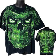 Vintage 1998 Liquid Blue Terminator Skull Glow Dark AOP Tee Shirt 2X Cyborg