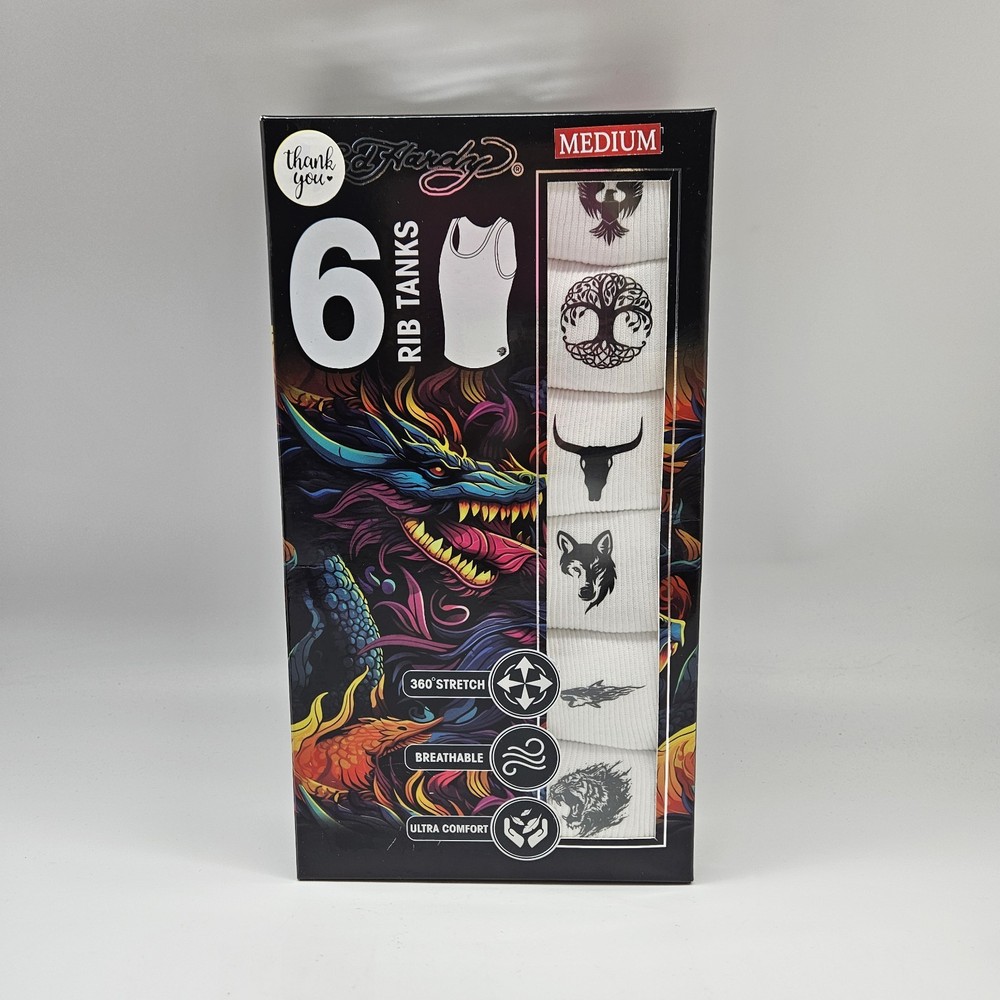 ED HARDY 6 Pack Rib Tanks A Shirt Men’s S M L XL White Cotton Stretch Prints