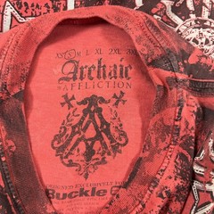 Archaic by Affliction Shirt Mens Small Red Black Double Sided Graphic Buckle Y2K