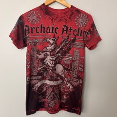 Archaic by Affliction Shirt Mens Small Red Black Double Sided Graphic Buckle Y2K