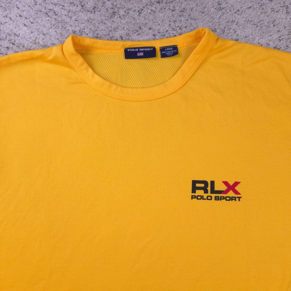 VTG Polo Sport Shirt Men Large Yellow Logo Spellout RLX Ralph Lauren Made In USA