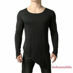 Mens Asymmetric Slit Hem Summer T-shirt Top Tee Long Sleeve Pullover Shirt Hot