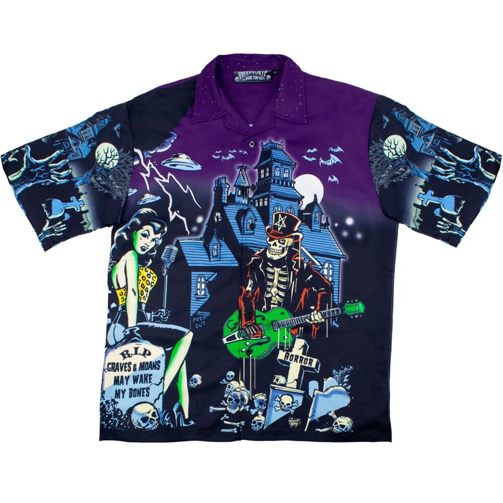 Rock n Roll Horror Button Shirt Short Sleeve Unique Haunted House Ghoul Print