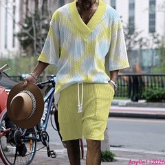 Beach Loose Print V-neck Mens Knitted Short-sleeved Short-shorts Set Casual 2pcs