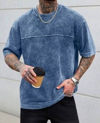 Men’s Acid Wash Blue T-Shirt Oversized Crew Neck Casual Streetwear Tee