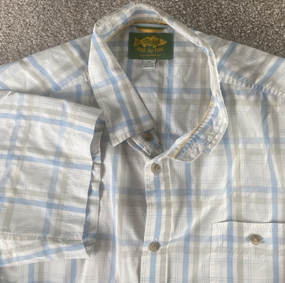 Marsh Wear Pocket Shirt Ride the Tide Fish Southern Mens M Blue/Beige Nylon/Poly