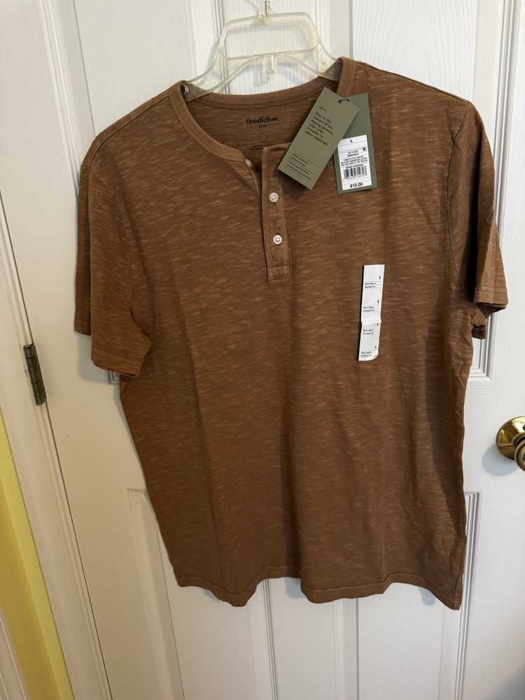 Goodfellow & Co Men’s L Brown Solid Henley Neck Button Cotton Jersey T-Shirt