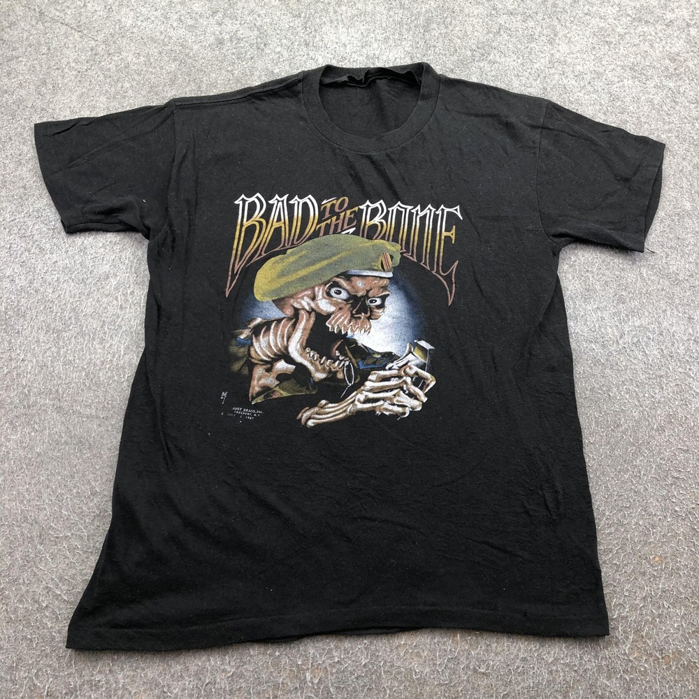 Vintage Military Shirt Mens Medium Skeleton Bad To The Bone Just Brass 1987