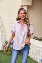 Womens Summer Lapel Collar V Neck Short Puff Sleeve Office Blouses Striped Co…