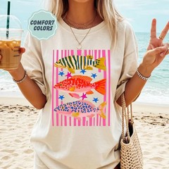 Preppy Coastal Fish Shirt Colorful Summer Graphic Tee Vacation Aesthetic