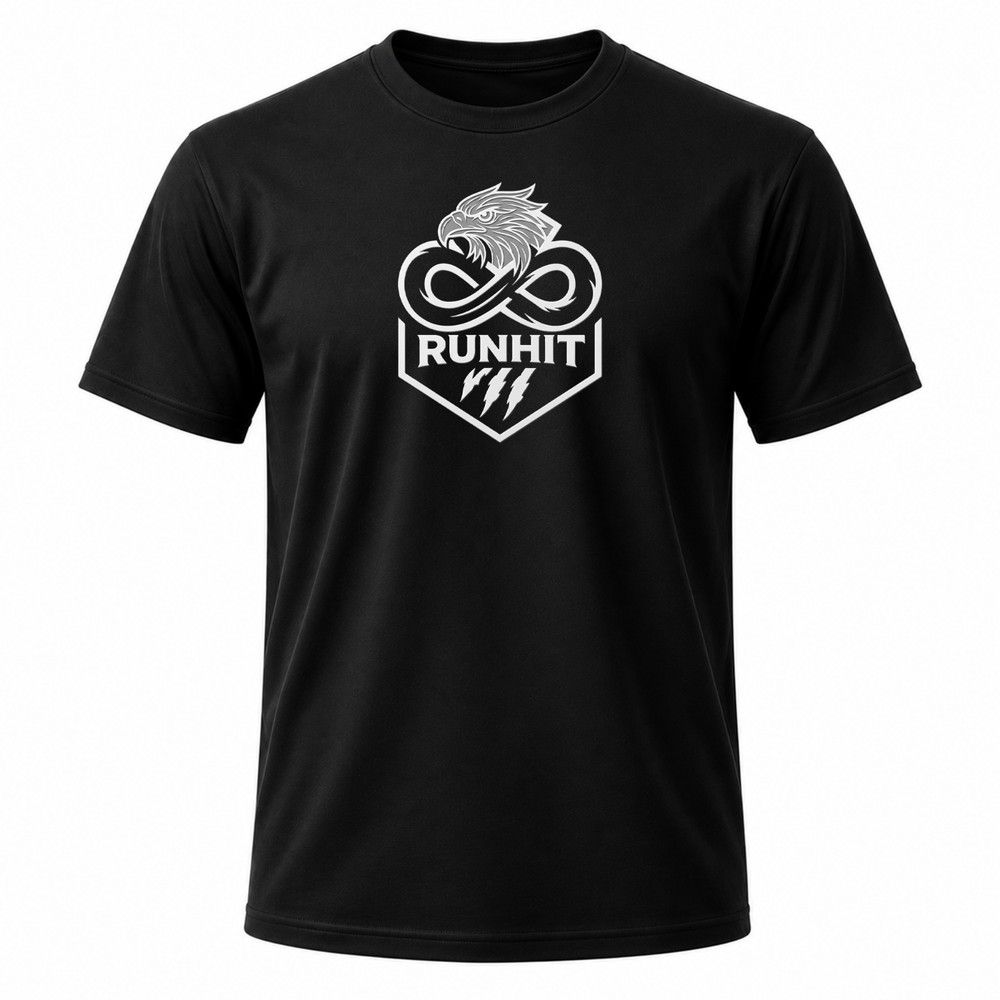 RUNHIT Eagle Infinity Logo T-Shirt Black Graphic Sports Fitness Tee
