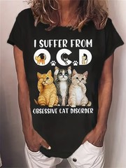 Cat & Letter Print Crew Neck T-Shirt, Casual Short Sleeve T-Shirt For Spring &