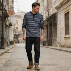 Mens Long Sleeve Striped Henry Shirt 300G Heavyweight Sailor T-Shirt Casual TEE