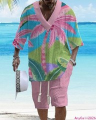 Beach Loose Print V-neck Mens Knitted Short-sleeved Short-shorts Set Casual 2pcs